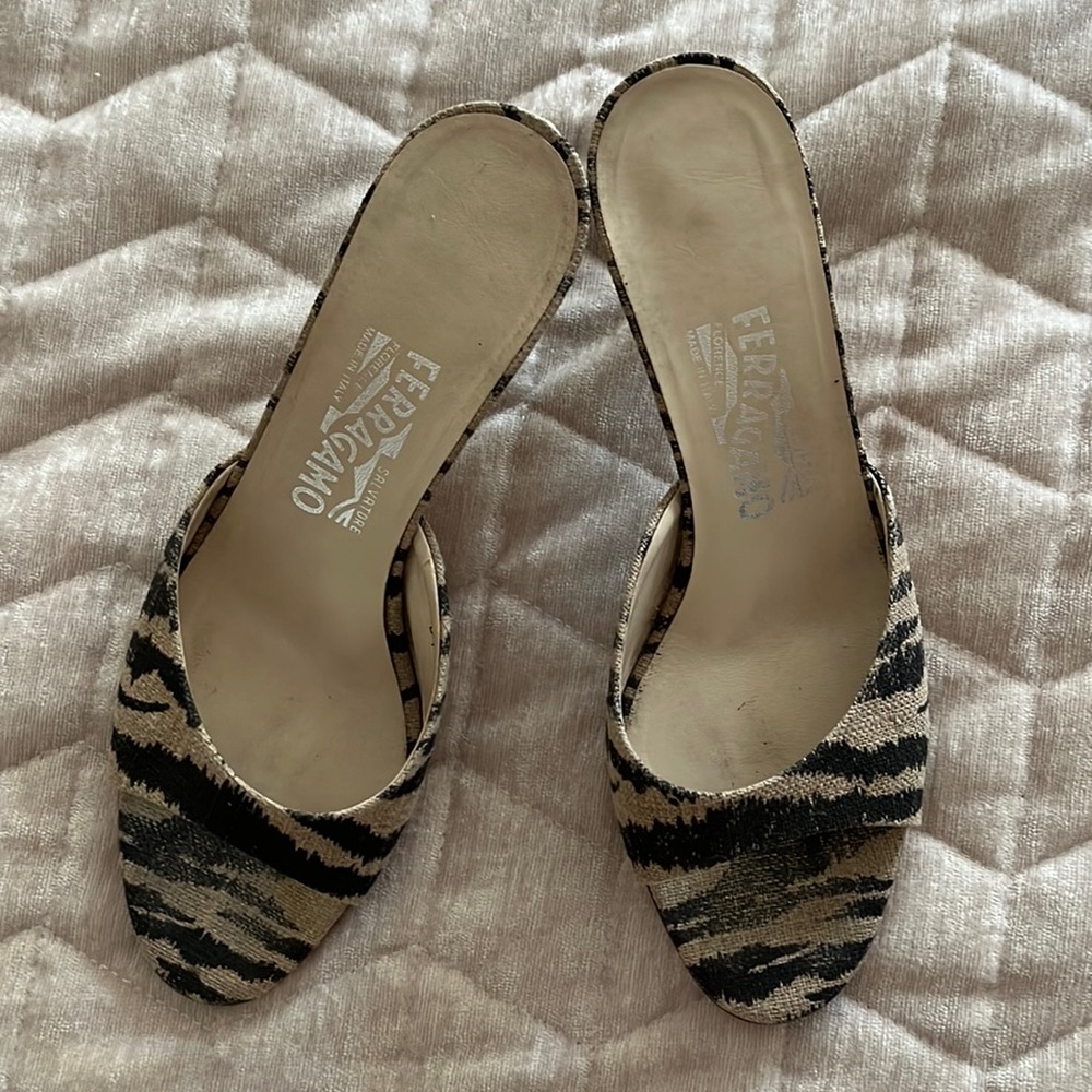 Ferragamo rare tiger print with kitten heel mule in excellent condition